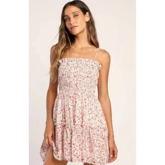 Lulus Babydoll Coquette Milkmaid Smocked Tiered Flowy Mini Dress Woman's Size M - Picture 1 of 16